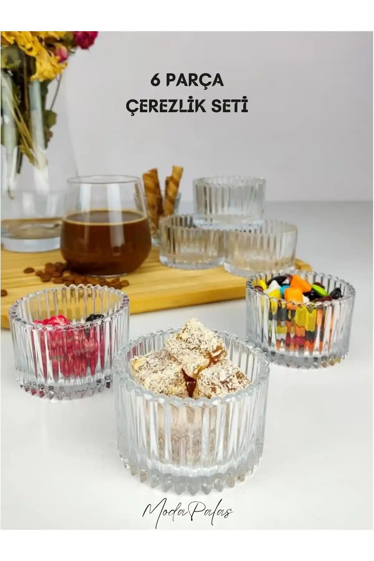 Rayan Sultan 6 Parça Şeffaf Cam Çerezlik Seti Magnolia Kasesi ile Estetik Sunum