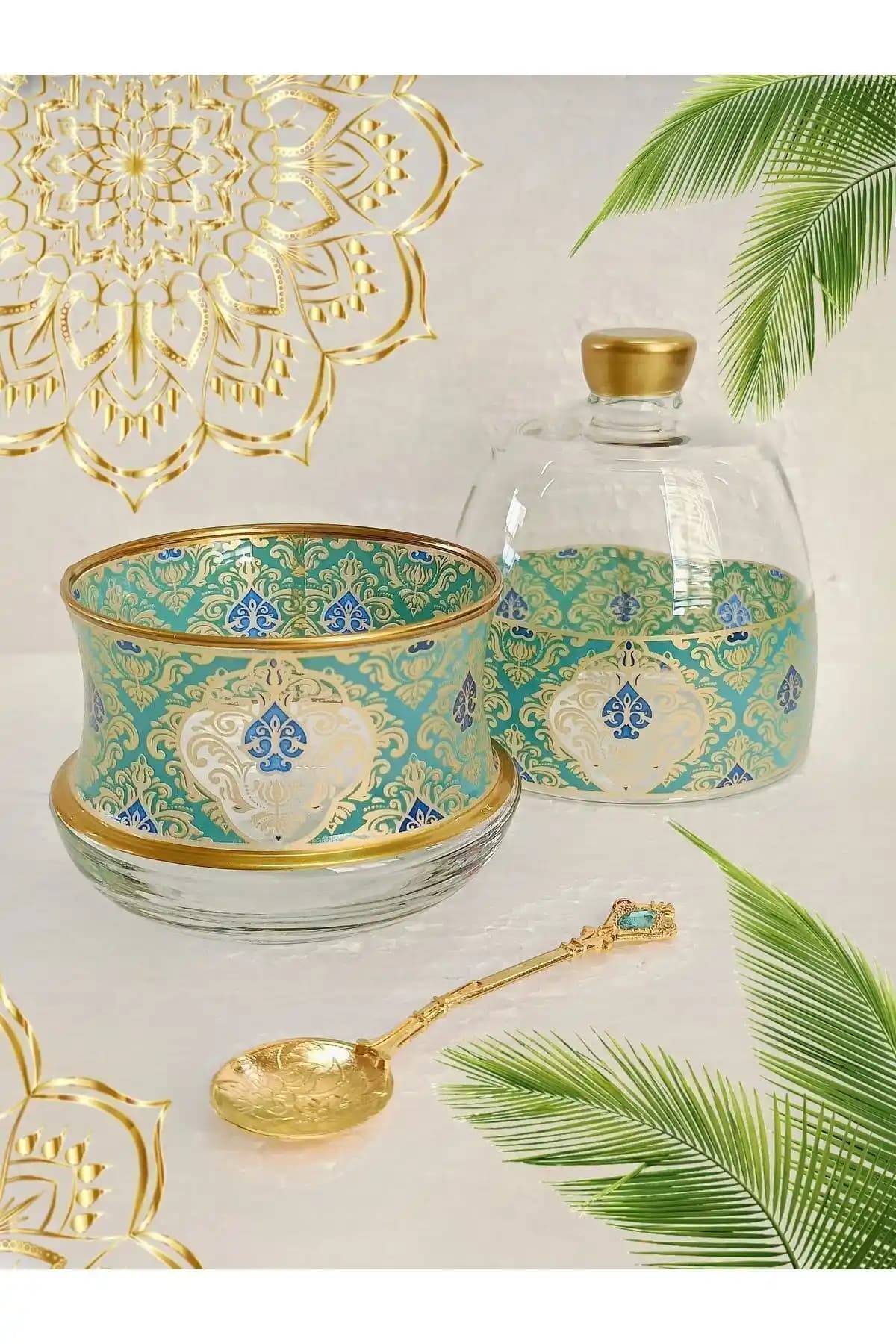 SAMSA Altın Yeşil Desenli Şekerlik ve Lokumluk Seti Metal Kaşık Hediyeli Şık Tasarım