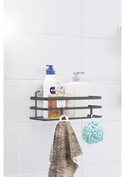 Sas Haus Siyah Paslanmaz Çelik Yapışkanlı Tek Katlı Banyo Düzenleyici Şampuanlık