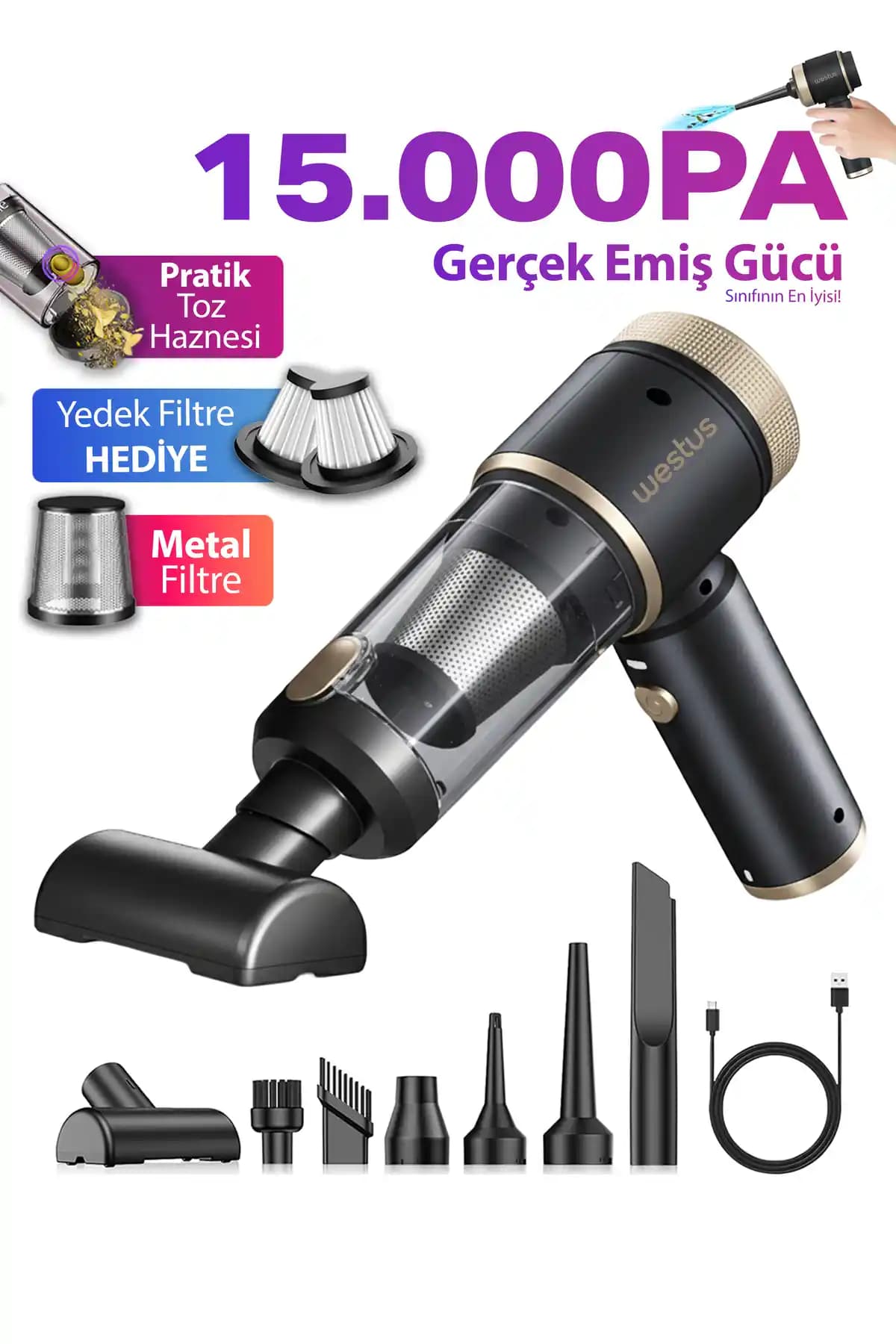 Westus 15000pa Güçlü Kablosuz Mini El Süpürgesi ile Araç Temizliğinde Pratik Çözüm