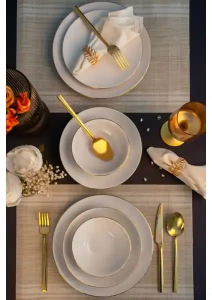 Farika Porselen Şems Altın Yalız 6 Kişilik 24 Parça Şık Yemek Takımı