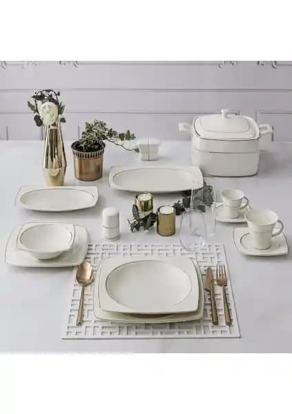 Güral Porselen 85 Parça Caroline Kare Bone Yemek Takımı Modern ve Şık Tasarım