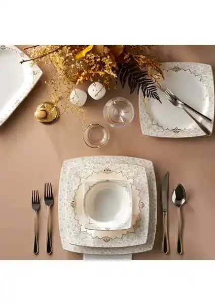 Karaca Mühür Fine Cream 60 Parça 12 Kişilik Gold Kare Porselen Yemek Takımı