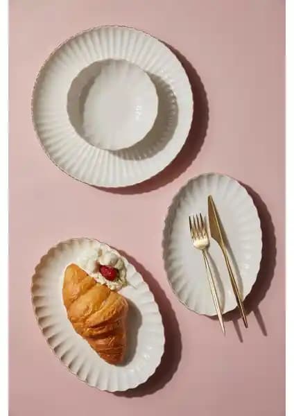 Kütahya Porselen Bone Luz Form 27 Parça 6 Kişilik Yemek Takımı Altın Detaylı Şık Tasarım