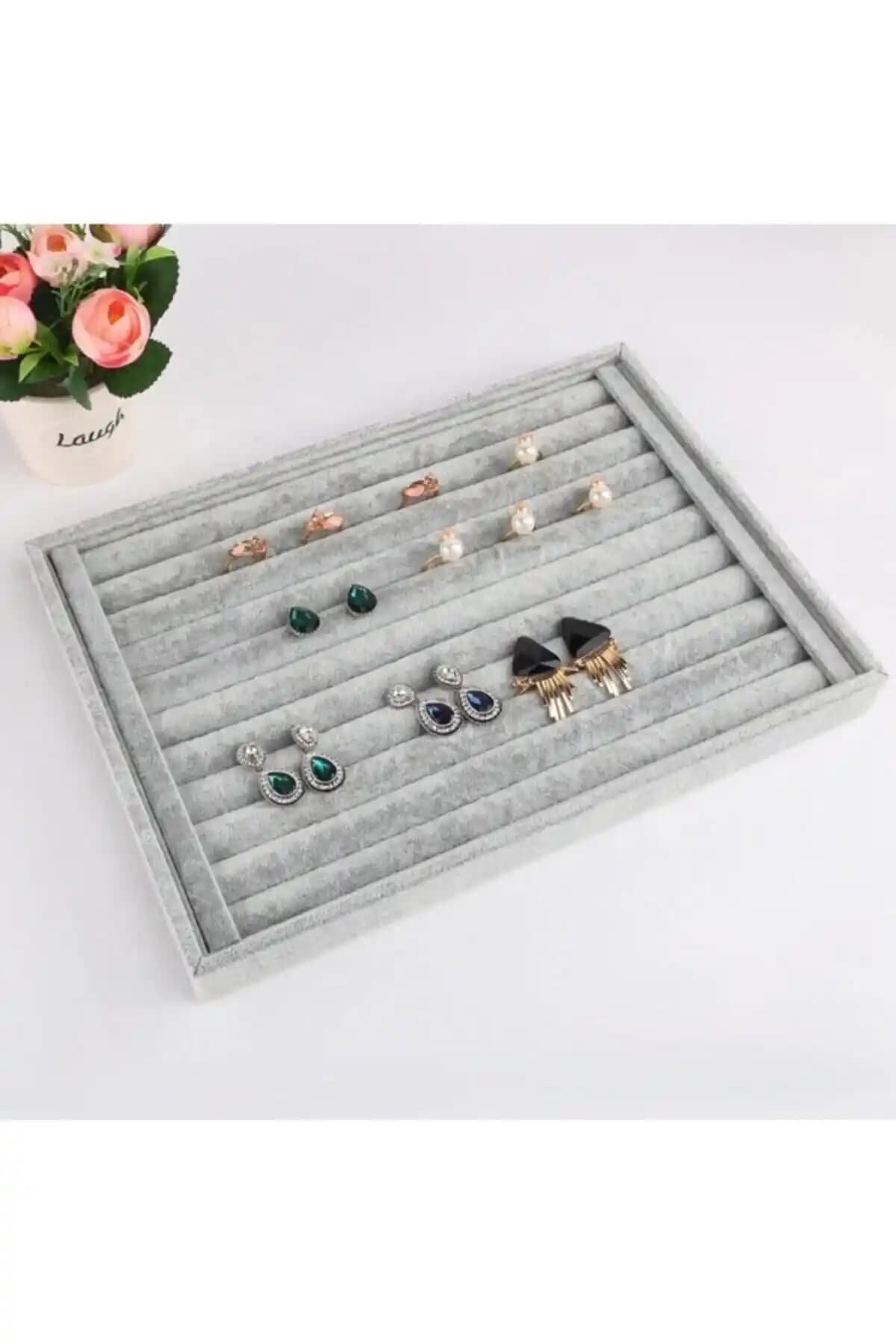 Ay<dı>n Decor Yerli Süet Gri Yüzük Stand Kutusu Modern Takı Organizeri