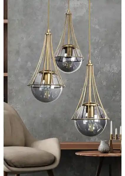 Begüsa Sarmal 3'lü Eskitme Füme Glop Camlı Avize Modern İç Mekan Aydınlatması