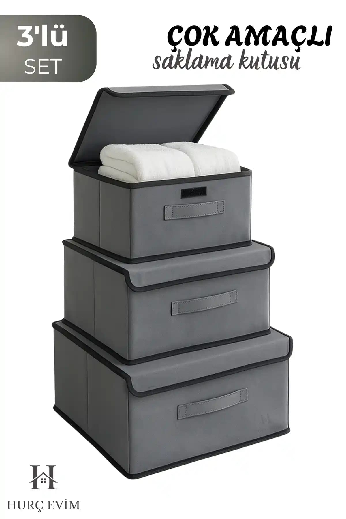 HURCEVİM 3’lü Antrasit Kutu Hurç Seti: Dayanıklı ve Şık Ev ve Seyahat Organizeri