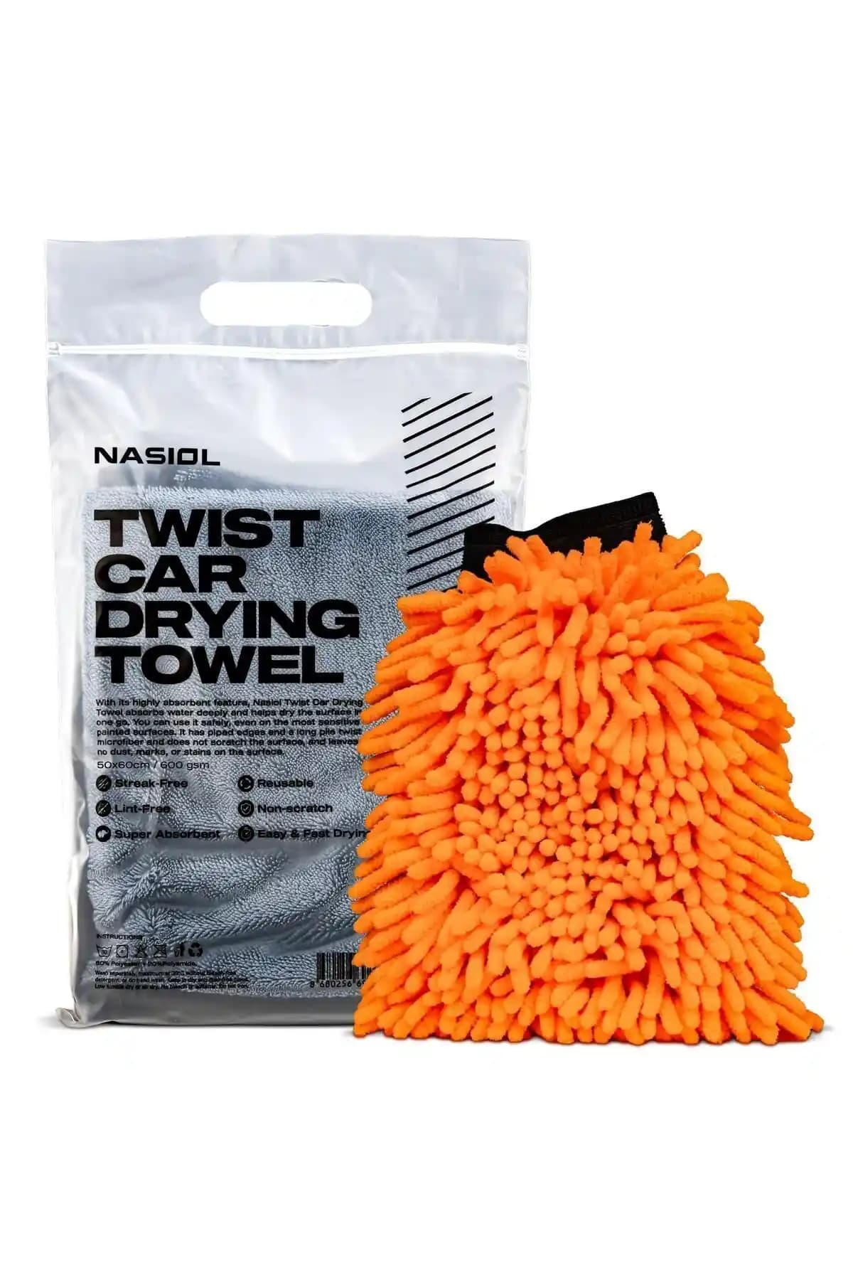 Nasiol SET 22 Mikrofiber Kurulama Havlusu ve Peluş Araç Yıkama Eldiveni Seti