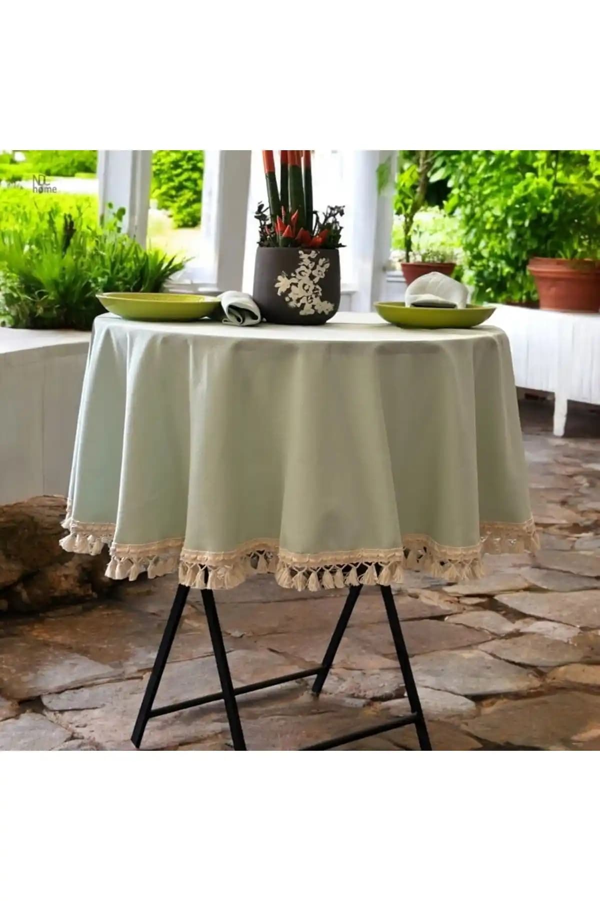 NDC HOME Premium Keten Adaçayı Yeşil Yuvarlak Masa Örtüsü - Dayanıklı ve Şık Tasarım