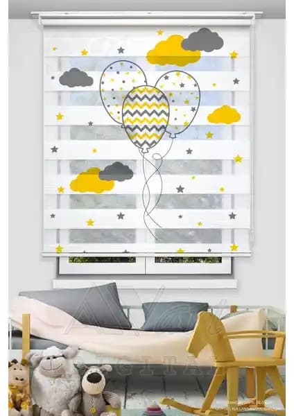 Avart Digital Sarı Gri Balon Baskılı Plise Pano Perde Modern Çocuk Odası Dekorasyonu İçin