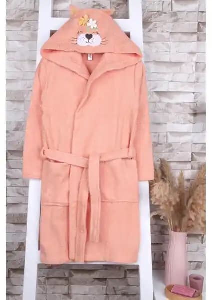 Baveno %100 Pamuk Kapüşonlu Çiçekli Kedi Nakışlı Çocuk Bornoz ve Seti