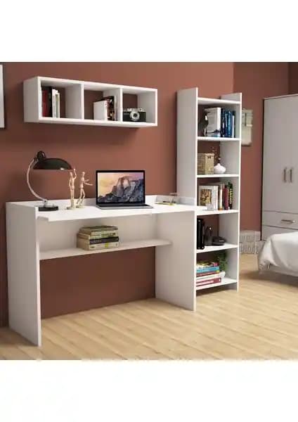 Bimossa Hürrem Beyaz Çalışma Masası Kitaplık Raflı Modern Ofis Çözümü