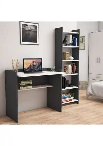 Bimossa Kösem Kitaplık ve Çalışma Masası Antrasit Beyaz Modern Tasarım