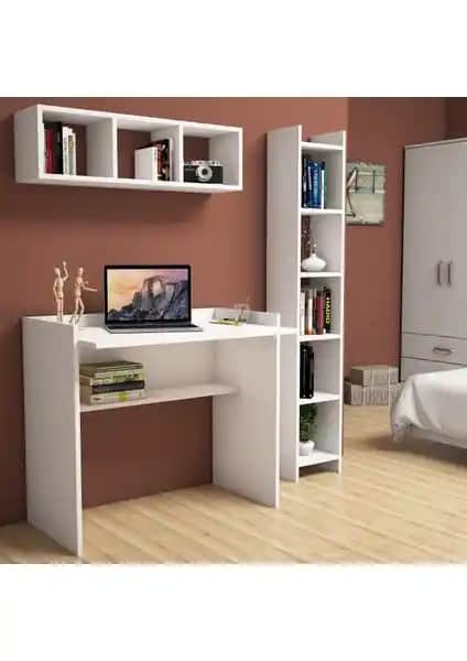 Bimossa Nurbanu Beyaz Çalışma Masası ve Kitaplık Seti: Modern ve Dayanıklı Ofis Mobilyası Çözümü