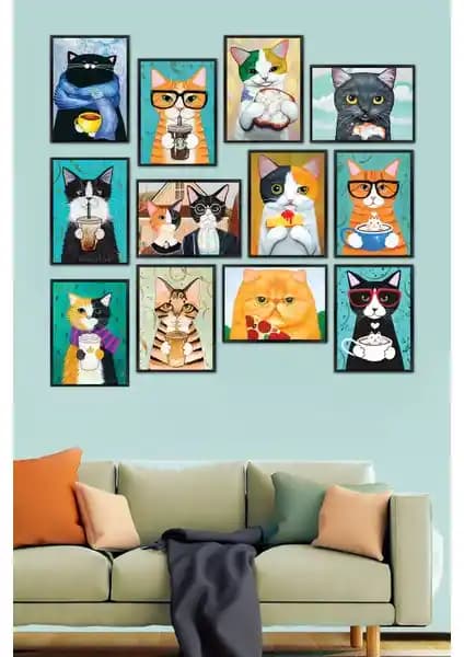 Biz Dijital 12 Parça Kedili MDF Çerçevesiz Tablo Seti Ev ve Ofis Dekorasyonu İçin Uygun
