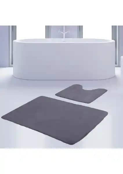 Bonny Home 2'li Unicolor Gri Kaymaz Taban Banyo Paspası ve Halısı Seti