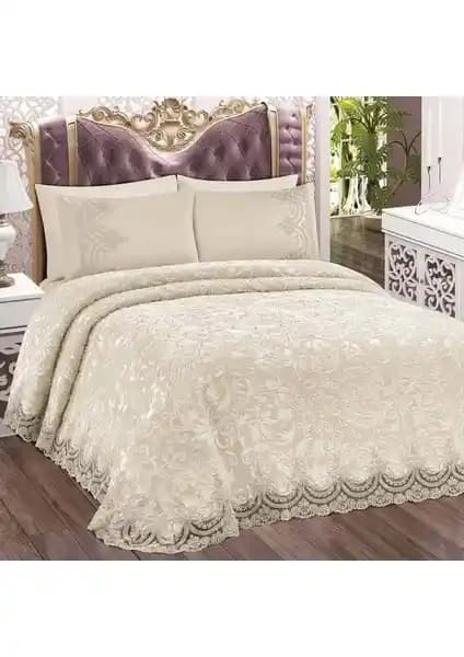 Bonny Home Fransız Dantelli Çift Kişilik Krem Battaniye Takımı Yatak Odası Şıklığı ve Konforu