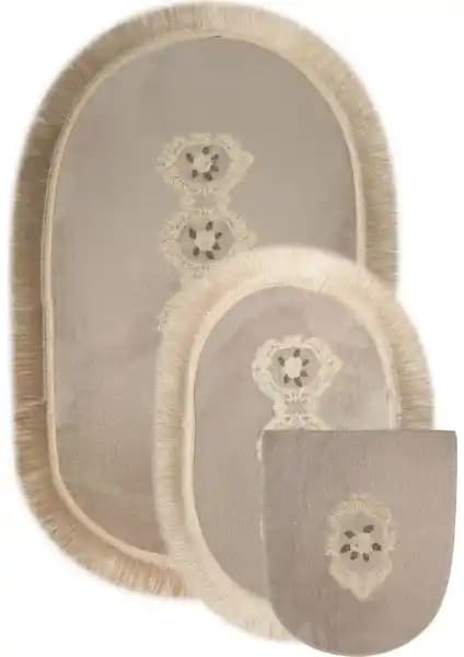 Bonny Home Shems Gri 3'lü Dantelli ve Saçaklı Banyo Klozet Takımı ve Paspas Seti