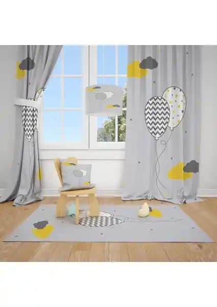 Çocuk Odası İçin Modern Gri Zemin Balon ve Bulutlar Temalı Fon Perde 70x270 cm