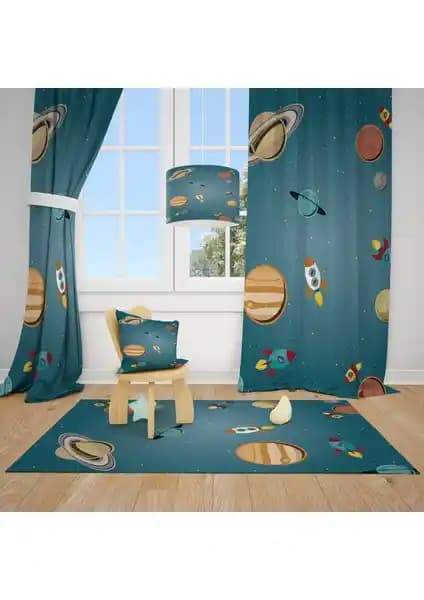 Çocuk Odası İçin Renkli ve Sağlıklı Gezegenler ve Uzay Temalı Fon Perde Seçenekleri