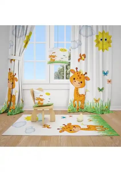 Çocuk Odası İçin Sağlıklı ve Renkli Sevimli Zürafa Yeşil Çimen Fon Perde