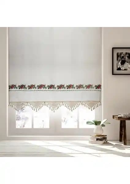 Cotton Studio Kırmızı Kanaviçeli Buldan İşi Otantik Pamuk Perde Dekorasyonu