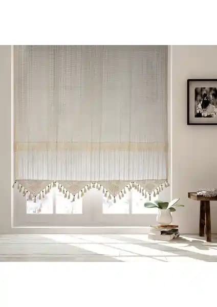 Cotton Studio Pamuklu Ara Güpürlü Natural Çizgili Tül Perde - Modern ve Otantik Ev Dekorasyonu İçin
