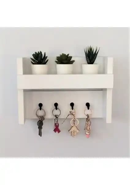 Eblo Home 31 cm Beyaz El Yapımı Ahşap Çok Amaçlı Antre Duvar Askılık Anahtarlık