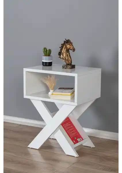 Enda Home X Ayaklı Dergilikli Başucu Komodin Yan Sehpa Beyaz Modern Tasarım