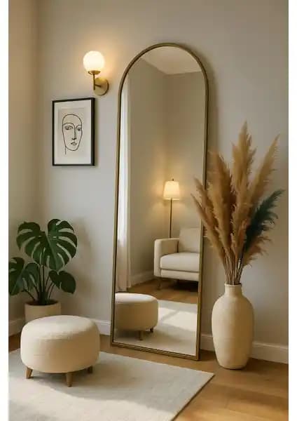 Ersan Dizayn Metal Çerçeve Gold Eskitme Ayaklı Boy Aynası Özellikleri ve Dekorasyona Katkısı