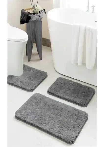 Eurobano Home %100 Doğal Kaymaz Taban Yıkanabilir Gri Shaggy 3’lü Banyo Halısı