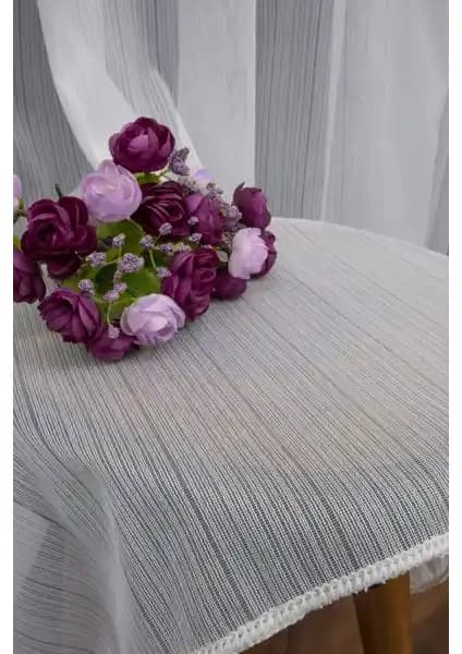 Evdepo Taç Mat Çizgili Ekru Ekstraforlu Tül Perde - Modern ve Dayanıklı Tasarım