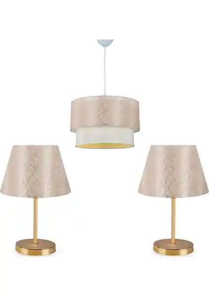 Homing Şampanya Dantel Kumaş Sarkıt Avize ve Lara Gold Abajur Seti Dekorasyon Çözümü