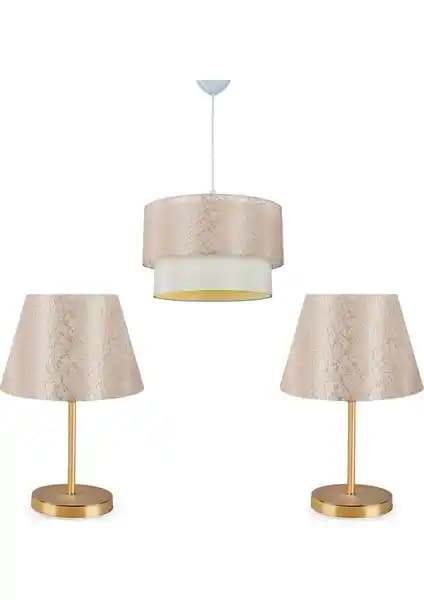 Homing Şampanya Dantel Kumaş Sarkıt Avize ve Lara Gold Abajur Seti Dekorasyon Çözümü