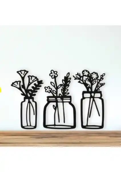 İON Wooden Factory Dekoratif 3'lü Saksıda Çiçekler Duvar Dekoru İç Mekan Şıklığı