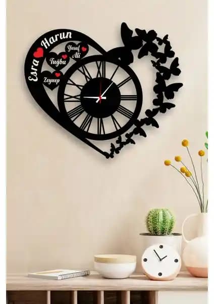 İsim Özel Kalp Tasarımlı Modern Ahşap Duvar Saati Dekoratif Hediye