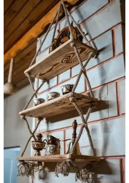 Kadınca Dükkan Ahşap 3'lü Halatlı Raf: Rustik ve Doğal Tasarım ile Ev Dekorasyonunu Zenginleştirir