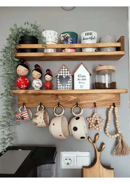 Kadir Albayrak Ahşap Tasarımlı Kahve Köşesi 2'li Raf Seti Askılık Detayları