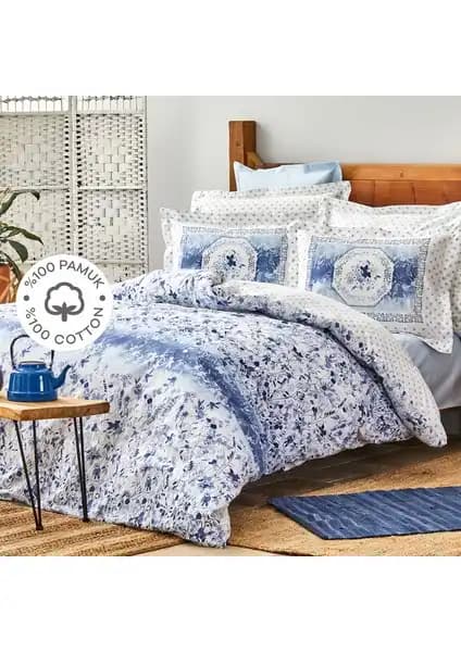 Karaca Home Amelia Mavi %100 Pamuk Çift Kişilik Fitted Çarşaflı Nevresim Takımı