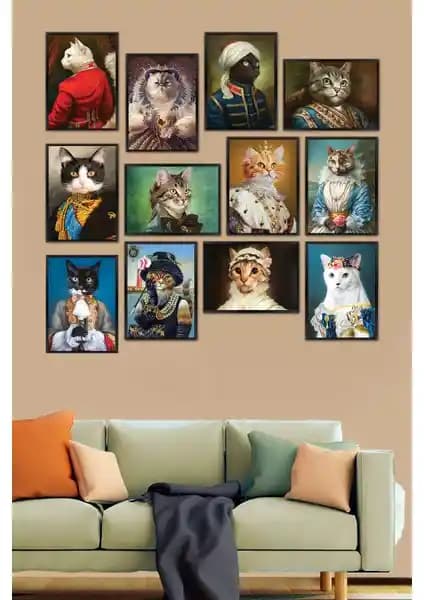 Kedi Portreleri ile Modern MDF Tablo Seti 12 Parça Ev ve Ofis Dekorasyonu