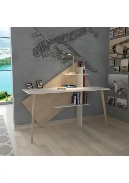 Lagomood Rüzgar Beyaz ve Meşe Modern Çalışma Masası Uzun Ömürlü ve Şık Tasarım