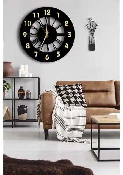 Lupokraft Dekoratif Aynalı Duvar Saati ve Vazo Tablo Modern İç Mekan Dekoru İçin