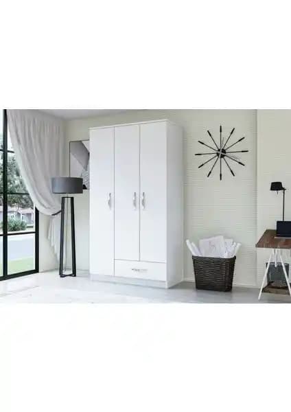 Metalia 3 Kapaklı Çekmeceli Gardrop Beyaz Modern Yatak Odası Depolama Ünitesi