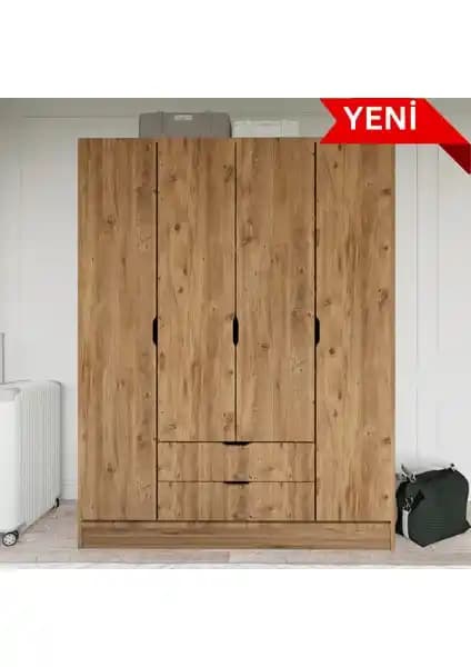 Midoser Atlas 140 cm Çam Modern ve Fonksiyonel Gardırop - 4 Kapı ve 2 Çekmeceli