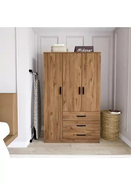 Midoser Easy Atlantik Çam Çok Amaçlı 3 Kapılı ve 3 Çekmeceli Elbise Dolabı