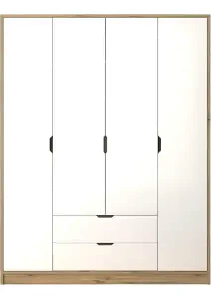 Midoser Mat Beyaz Açık Ceviz Modern 4 Kapılı ve 2 Çekmeceli Elbise Dolabı
