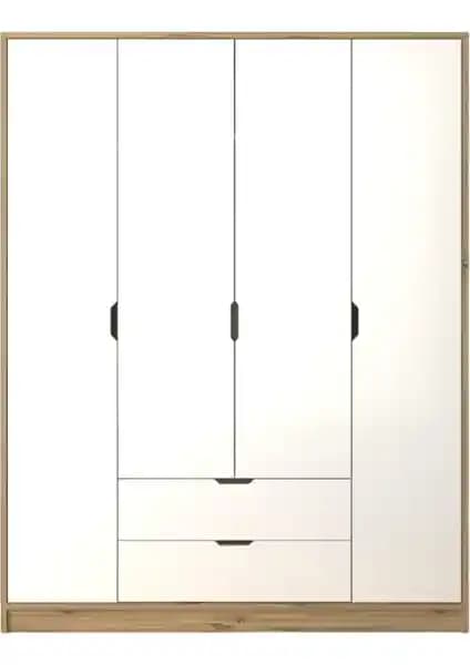 Midoser Mat Beyaz Açık Ceviz Modern 4 Kapılı ve 2 Çekmeceli Elbise Dolabı