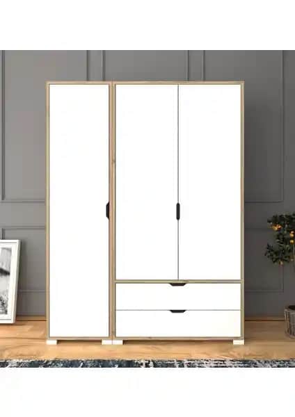 Midoser Mat Beyaz Açık Ceviz Renkli 3 Kapılı 2 Çekmeceli Giyim Dolabı