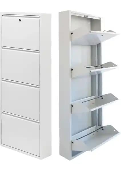 Mobilya Pratik Kilitli 4'lü Metal Ayakkabılık Beyaz Renkli Modern Tasarım