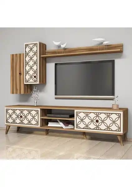 Modern Ceviz ve Ekru Renkli TV Ünitesi ile Şık ve Fonksiyonel Oturma Odası Dekorasyonu